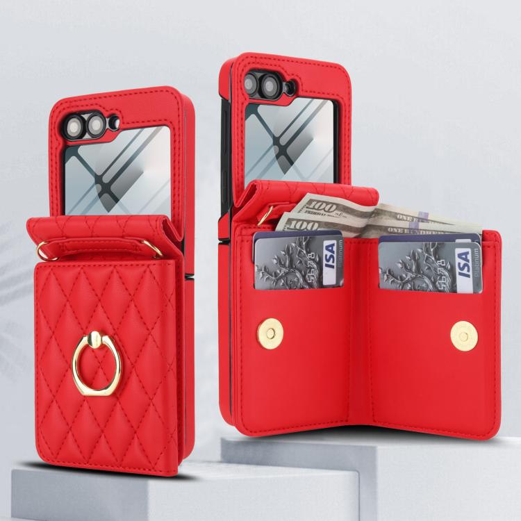 For Samsung Galaxy Z Flip6 5G Integrated Rhombic Texture Ring RFID Card Bag Phone Case with Long Lanyard