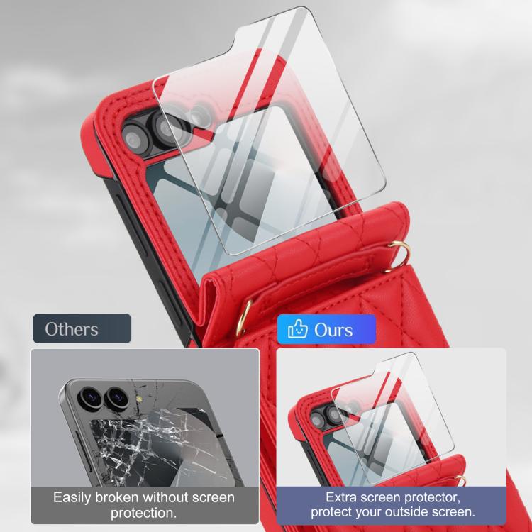 For Samsung Galaxy Z Flip6 5G Integrated Rhombic Texture Ring RFID Card Bag Phone Case with Long Lanyard