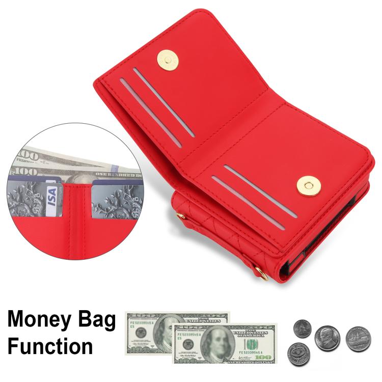 For Samsung Galaxy Z Flip6 5G Integrated Rhombic Texture Ring RFID Card Bag Phone Case with Long Lanyard