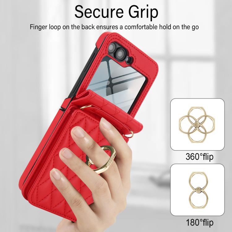 For Samsung Galaxy Z Flip6 5G Integrated Rhombic Texture Ring RFID Card Bag Phone Case with Long Lanyard
