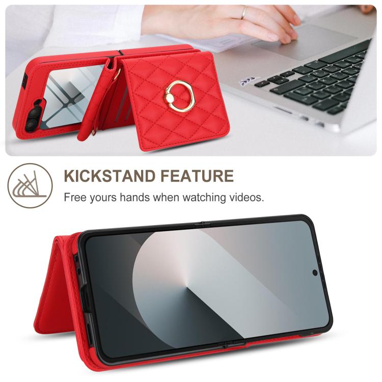 For Samsung Galaxy Z Flip6 5G Integrated Rhombic Texture Ring RFID Card Bag Phone Case with Long Lanyard