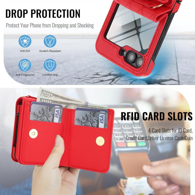 For Samsung Galaxy Z Flip6 5G Integrated Rhombic Texture Ring RFID Card Bag Phone Case with Long Lanyard