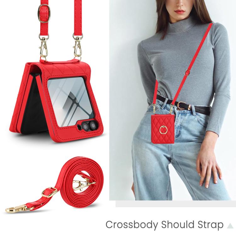 For Samsung Galaxy Z Flip6 5G Integrated Rhombic Texture Ring RFID Card Bag Phone Case with Long Lanyard