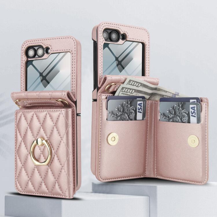 For Samsung Galaxy Z Flip6 5G Integrated Rhombic Texture Ring RFID Card Bag Phone Case with Long Lanyard