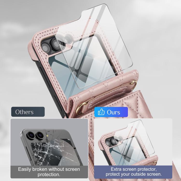 For Samsung Galaxy Z Flip6 5G Integrated Rhombic Texture Ring RFID Card Bag Phone Case with Long Lanyard