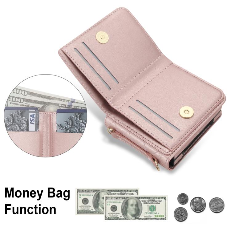 For Samsung Galaxy Z Flip6 5G Integrated Rhombic Texture Ring RFID Card Bag Phone Case with Long Lanyard