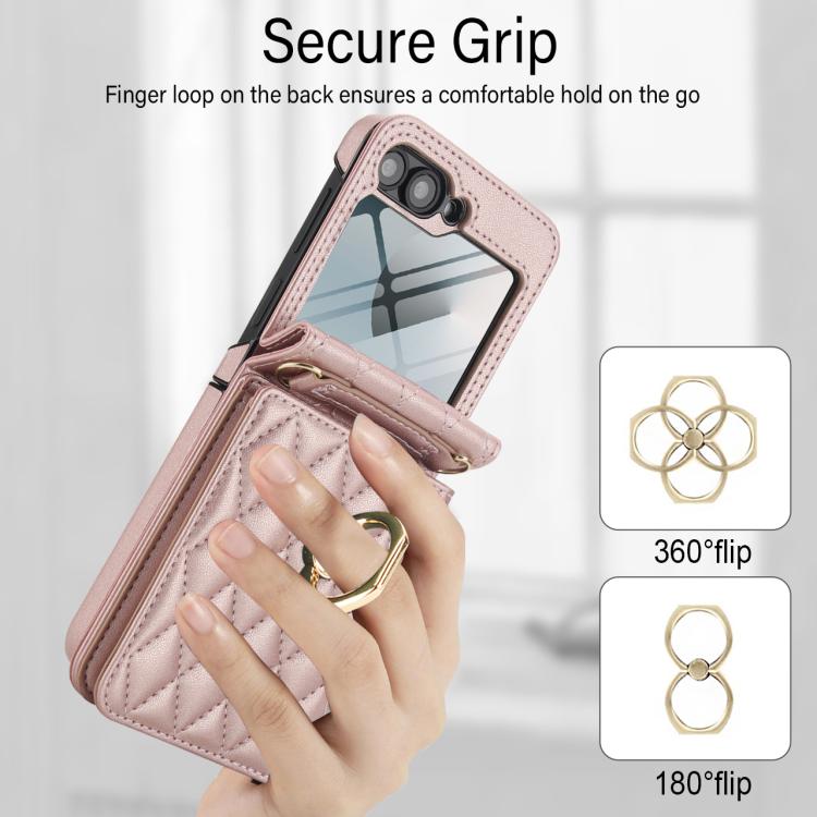 For Samsung Galaxy Z Flip6 5G Integrated Rhombic Texture Ring RFID Card Bag Phone Case with Long Lanyard