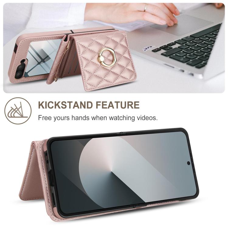 For Samsung Galaxy Z Flip6 5G Integrated Rhombic Texture Ring RFID Card Bag Phone Case with Long Lanyard