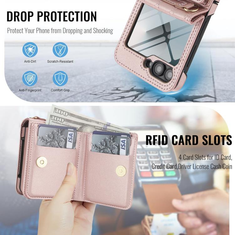 For Samsung Galaxy Z Flip6 5G Integrated Rhombic Texture Ring RFID Card Bag Phone Case with Long Lanyard