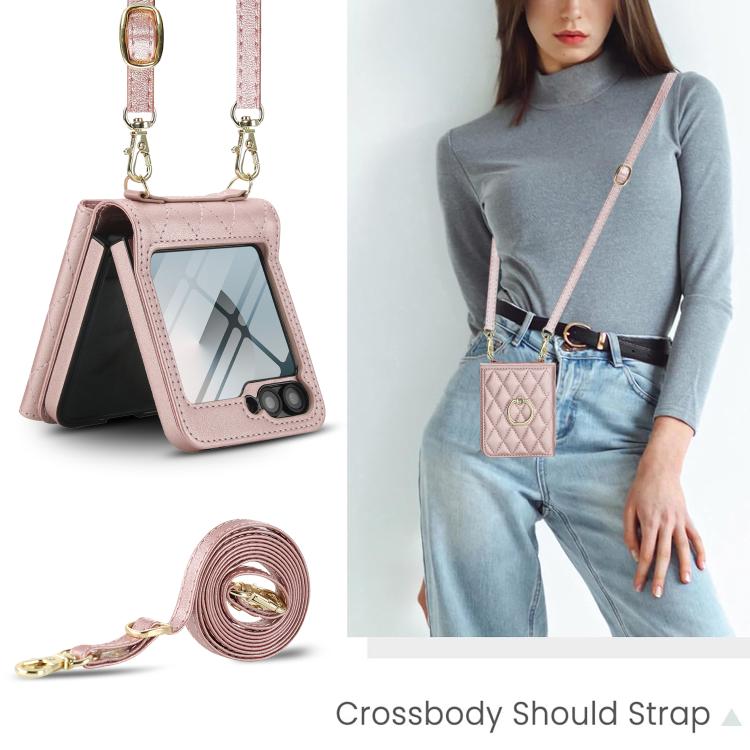 For Samsung Galaxy Z Flip6 5G Integrated Rhombic Texture Ring RFID Card Bag Phone Case with Long Lanyard