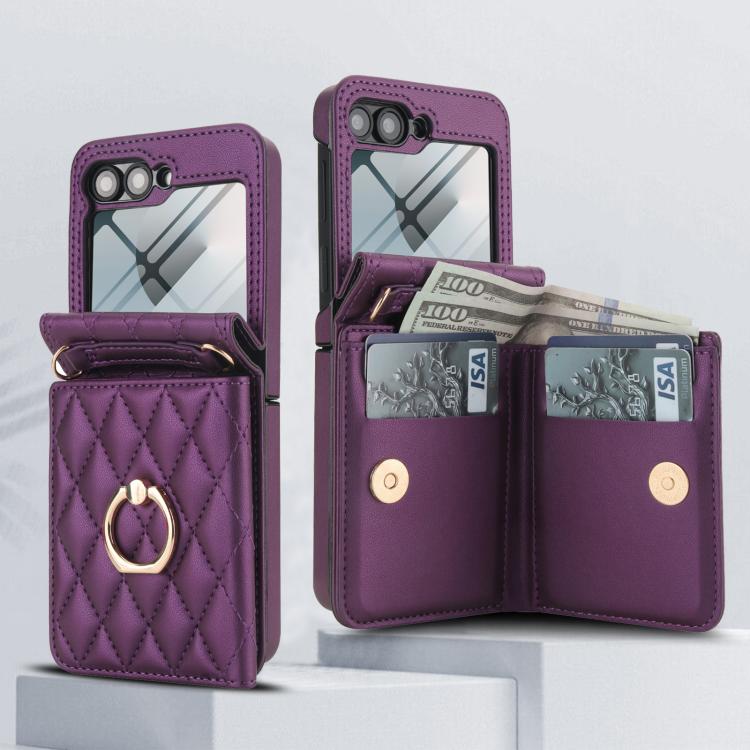 For Samsung Galaxy Z Flip6 5G Integrated Rhombic Texture Ring RFID Card Bag Phone Case with Long Lanyard
