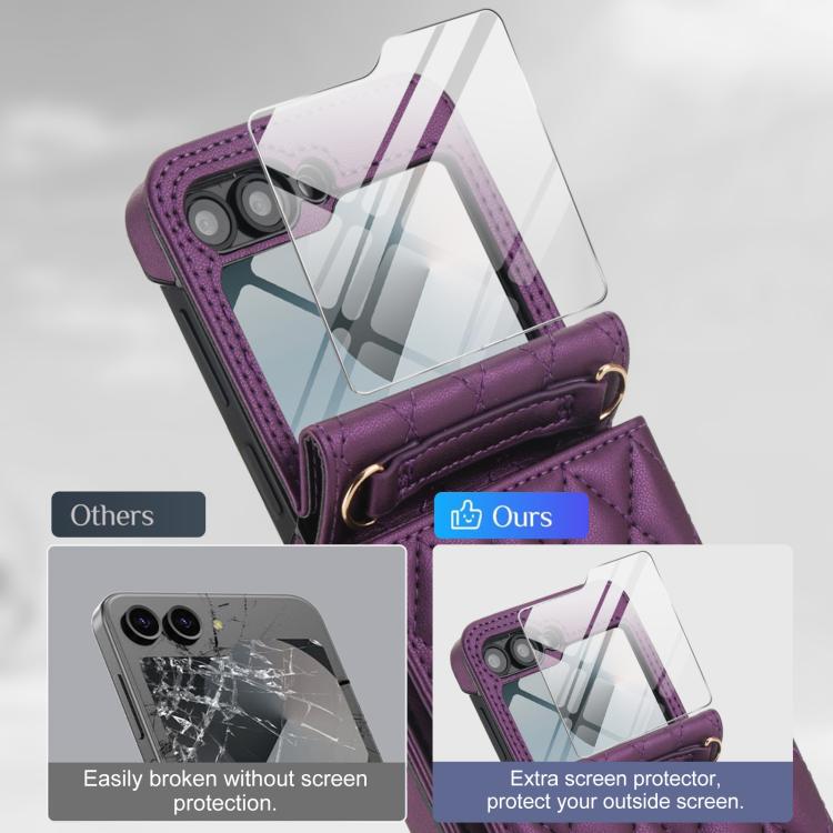 For Samsung Galaxy Z Flip6 5G Integrated Rhombic Texture Ring RFID Card Bag Phone Case with Long Lanyard
