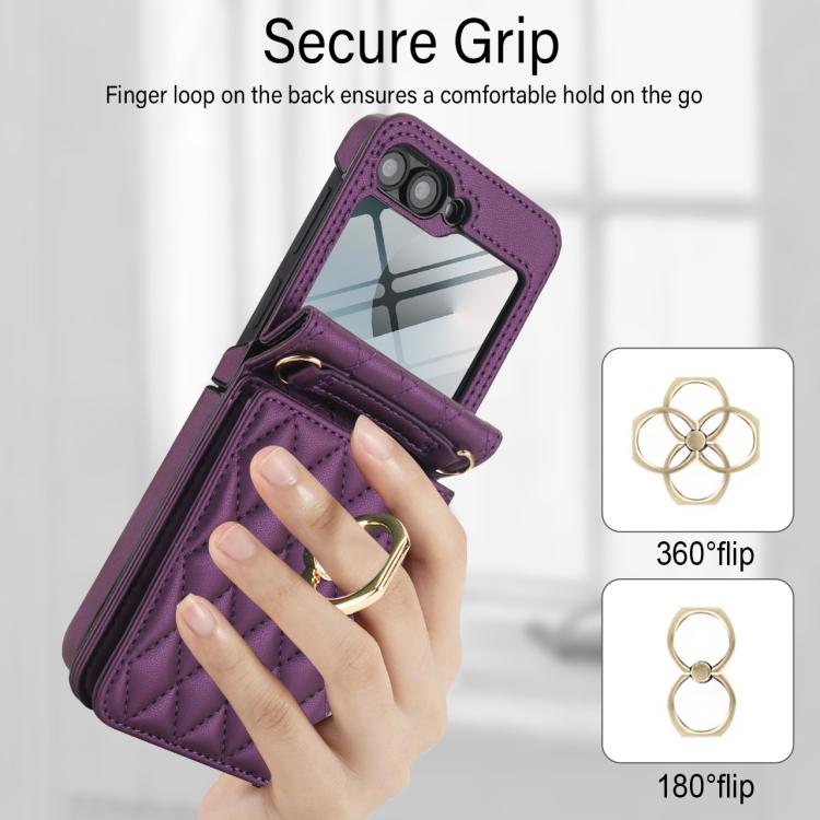 For Samsung Galaxy Z Flip6 5G Integrated Rhombic Texture Ring RFID Card Bag Phone Case with Long Lanyard