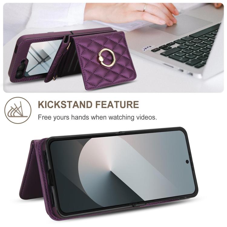 For Samsung Galaxy Z Flip6 5G Integrated Rhombic Texture Ring RFID Card Bag Phone Case with Long Lanyard