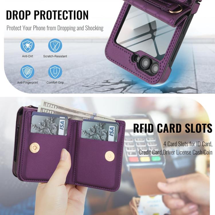 For Samsung Galaxy Z Flip6 5G Integrated Rhombic Texture Ring RFID Card Bag Phone Case with Long Lanyard