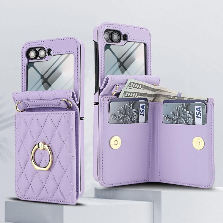 For Samsung Galaxy Z Flip6 5G Integrated Rhombic Texture Ring RFID Card Bag Phone Case with Long Lanyard