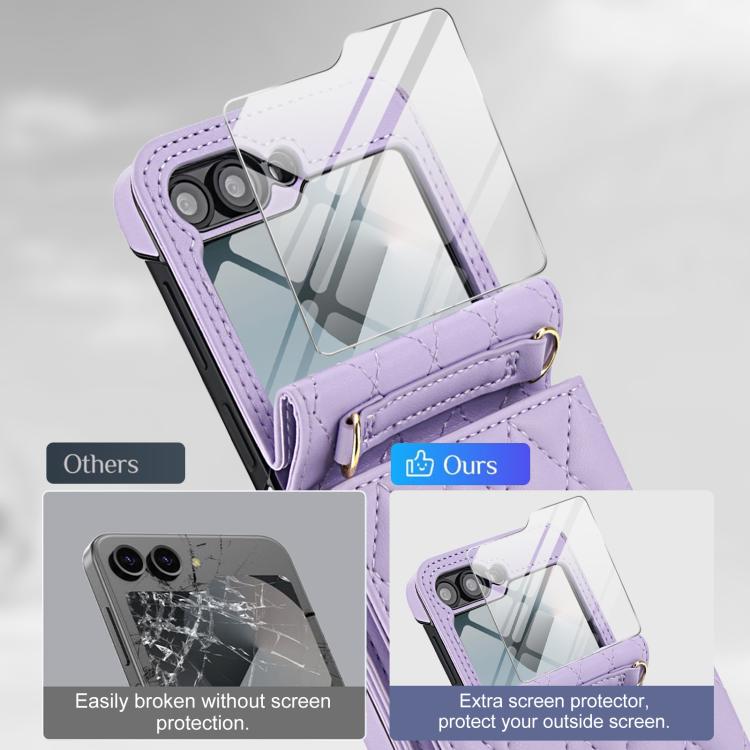 For Samsung Galaxy Z Flip6 5G Integrated Rhombic Texture Ring RFID Card Bag Phone Case with Long Lanyard