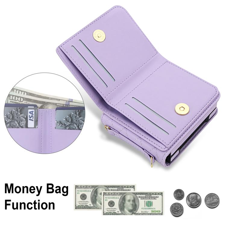 For Samsung Galaxy Z Flip6 5G Integrated Rhombic Texture Ring RFID Card Bag Phone Case with Long Lanyard
