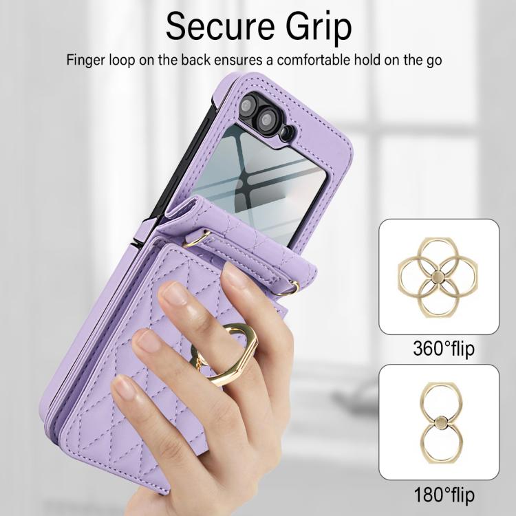 For Samsung Galaxy Z Flip6 5G Integrated Rhombic Texture Ring RFID Card Bag Phone Case with Long Lanyard