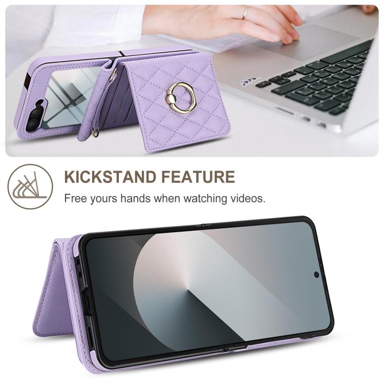 For Samsung Galaxy Z Flip6 5G Integrated Rhombic Texture Ring RFID Card Bag Phone Case with Long Lanyard