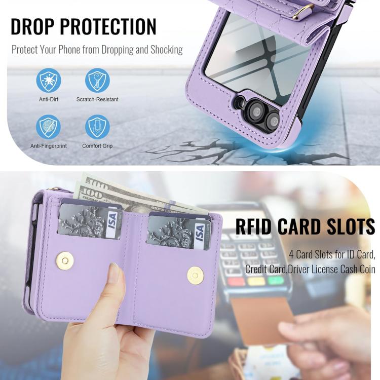 For Samsung Galaxy Z Flip6 5G Integrated Rhombic Texture Ring RFID Card Bag Phone Case with Long Lanyard