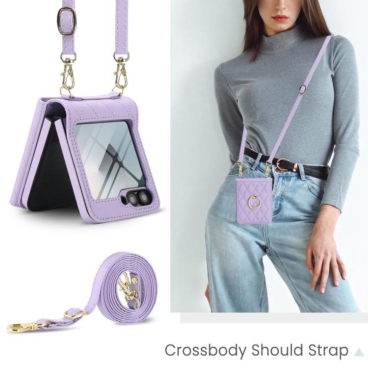 For Samsung Galaxy Z Flip6 5G Integrated Rhombic Texture Ring RFID Card Bag Phone Case with Long Lanyard