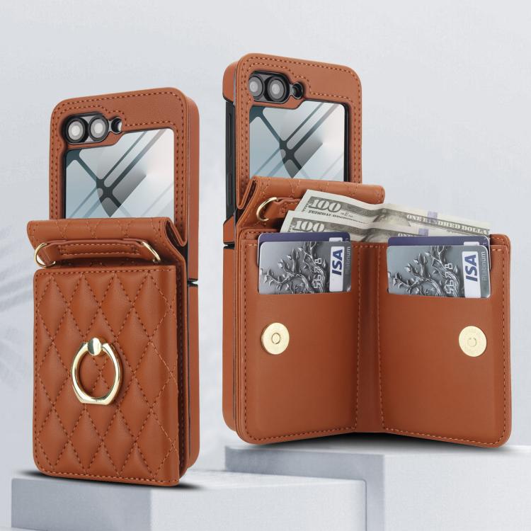 For Samsung Galaxy Z Flip6 5G Integrated Rhombic Texture Ring RFID Card Bag Phone Case with Long Lanyard