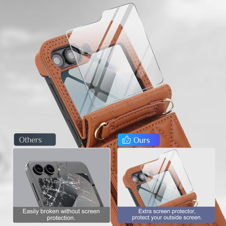 For Samsung Galaxy Z Flip6 5G Integrated Rhombic Texture Ring RFID Card Bag Phone Case with Long Lanyard