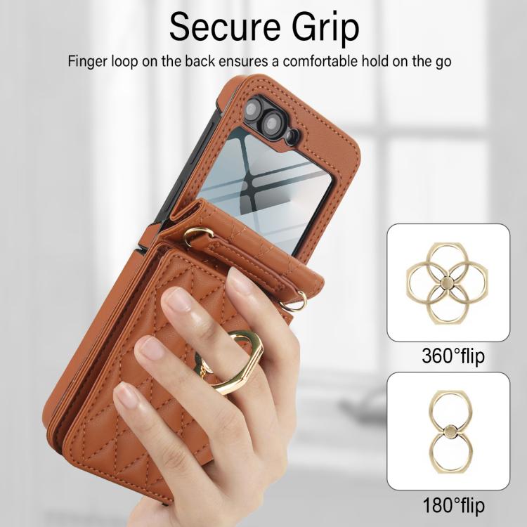 For Samsung Galaxy Z Flip6 5G Integrated Rhombic Texture Ring RFID Card Bag Phone Case with Long Lanyard