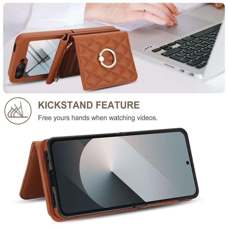 For Samsung Galaxy Z Flip6 5G Integrated Rhombic Texture Ring RFID Card Bag Phone Case with Long Lanyard