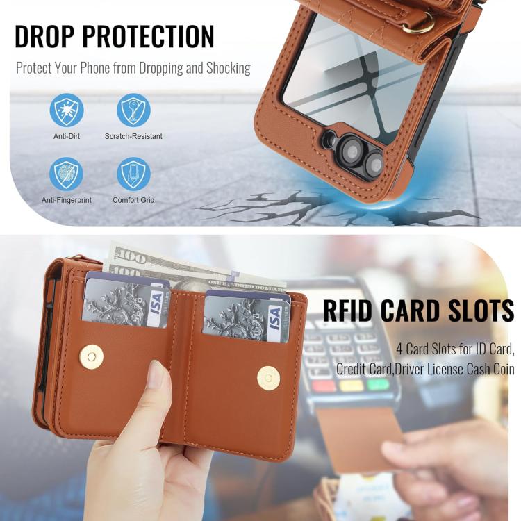 For Samsung Galaxy Z Flip6 5G Integrated Rhombic Texture Ring RFID Card Bag Phone Case with Long Lanyard