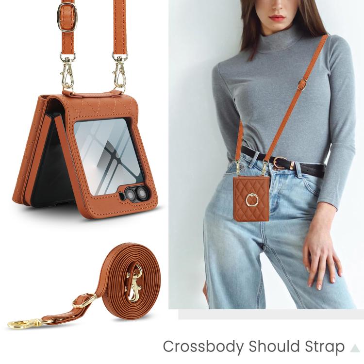 For Samsung Galaxy Z Flip6 5G Integrated Rhombic Texture Ring RFID Card Bag Phone Case with Long Lanyard