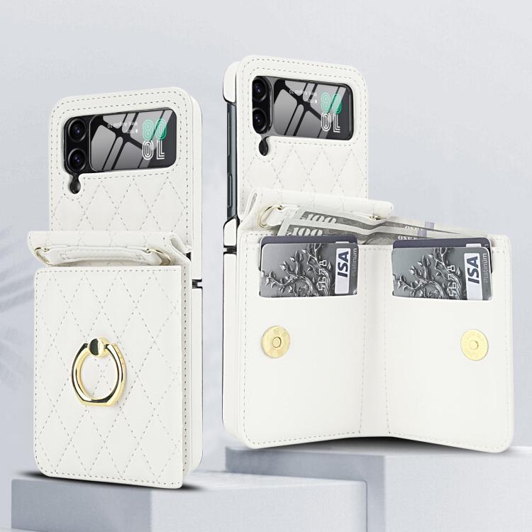 For Samsung Galaxy Z Flip4 5G Integrated Rhombic Texture Ring RFID Card Bag Phone Case with Long Lanyard
