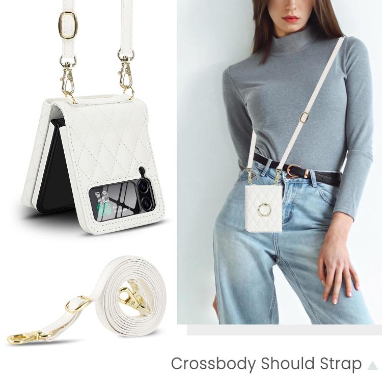 For Samsung Galaxy Z Flip4 5G Integrated Rhombic Texture Ring RFID Card Bag Phone Case with Long Lanyard
