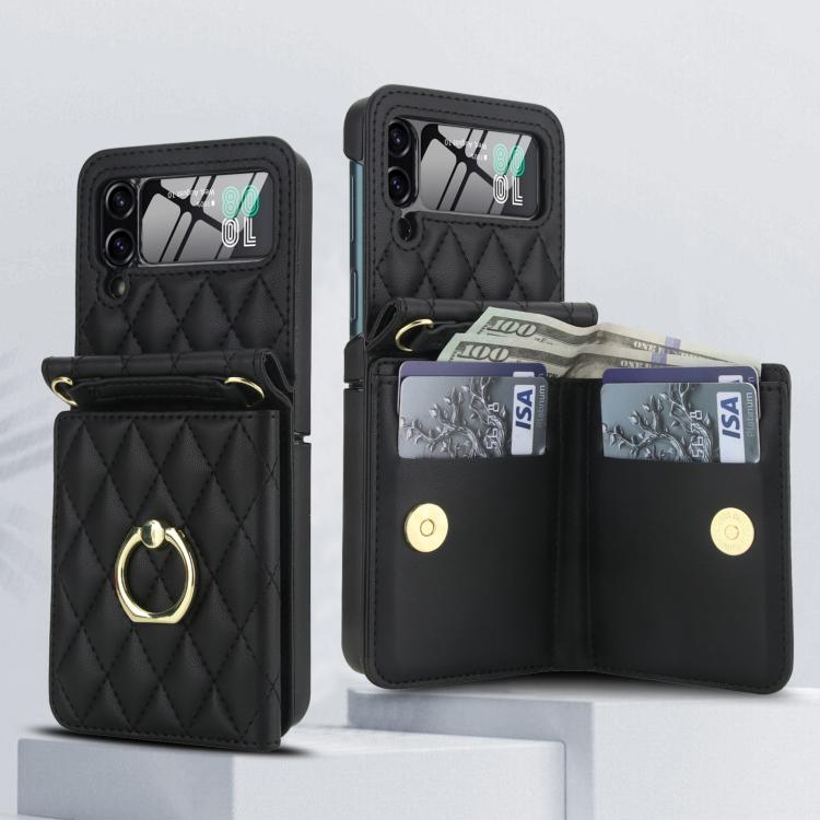 For Samsung Galaxy Z Flip4 5G Integrated Rhombic Texture Ring RFID Card Bag Phone Case with Long Lanyard