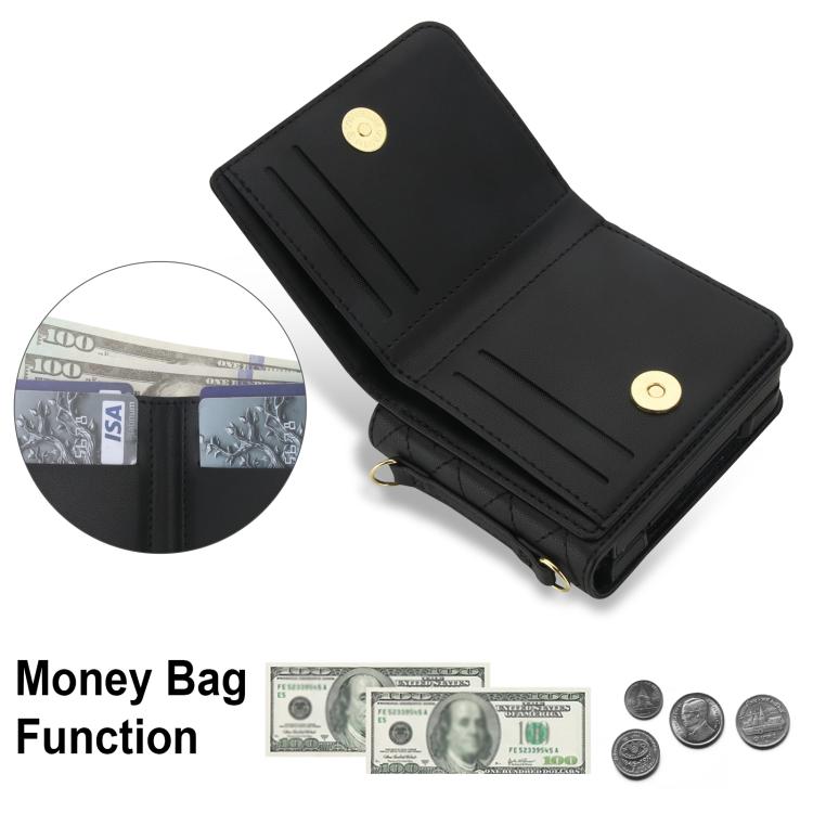 For Samsung Galaxy Z Flip4 5G Integrated Rhombic Texture Ring RFID Card Bag Phone Case with Long Lanyard