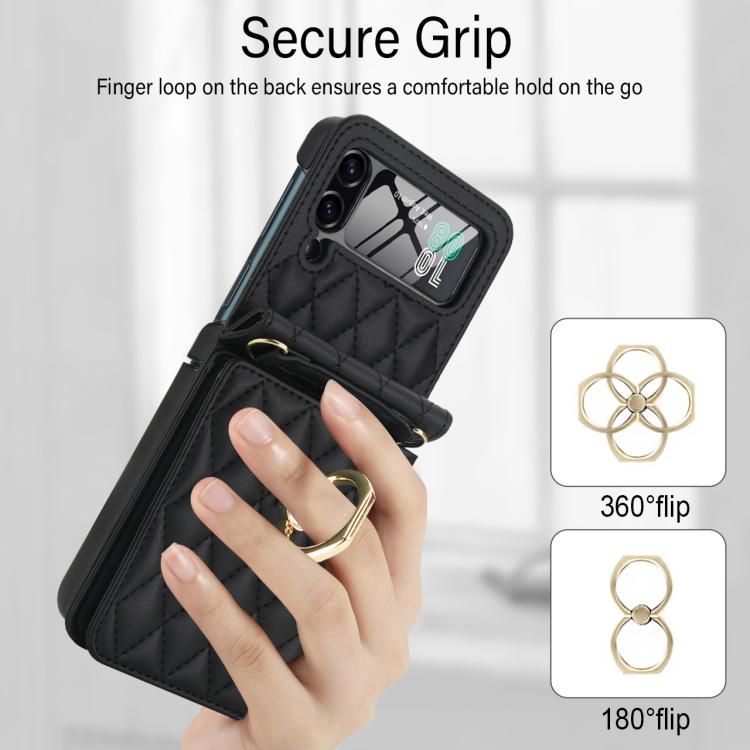 For Samsung Galaxy Z Flip4 5G Integrated Rhombic Texture Ring RFID Card Bag Phone Case with Long Lanyard