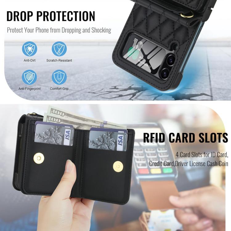For Samsung Galaxy Z Flip4 5G Integrated Rhombic Texture Ring RFID Card Bag Phone Case with Long Lanyard