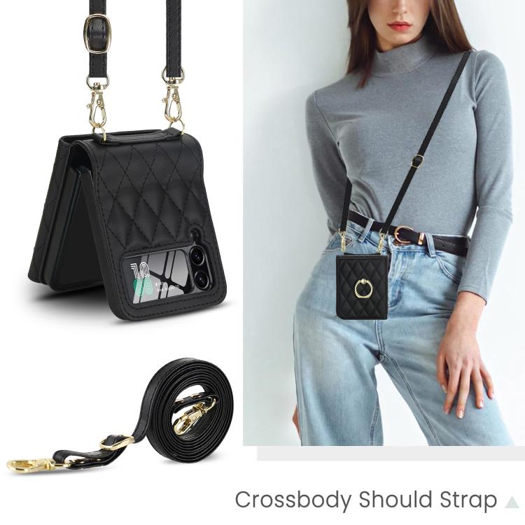 For Samsung Galaxy Z Flip4 5G Integrated Rhombic Texture Ring RFID Card Bag Phone Case with Long Lanyard