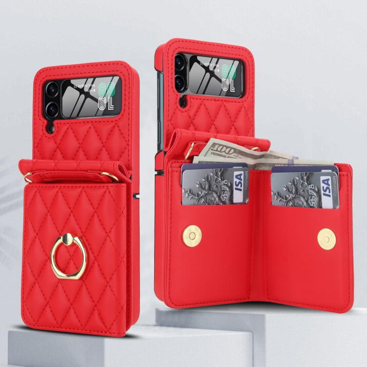 For Samsung Galaxy Z Flip4 5G Integrated Rhombic Texture Ring RFID Card Bag Phone Case with Long Lanyard