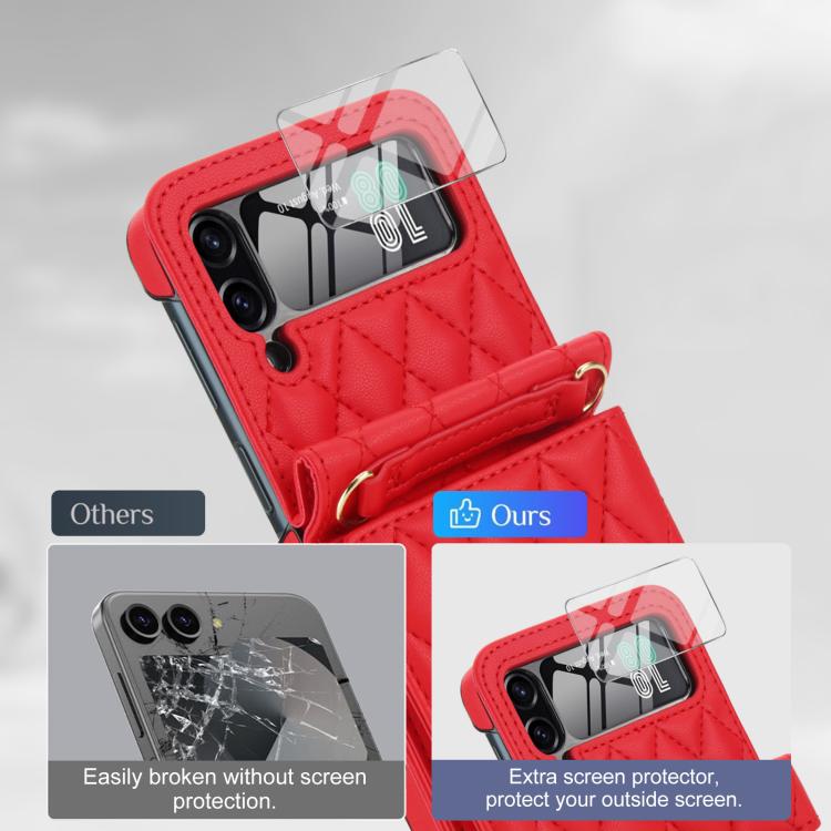 For Samsung Galaxy Z Flip4 5G Integrated Rhombic Texture Ring RFID Card Bag Phone Case with Long Lanyard