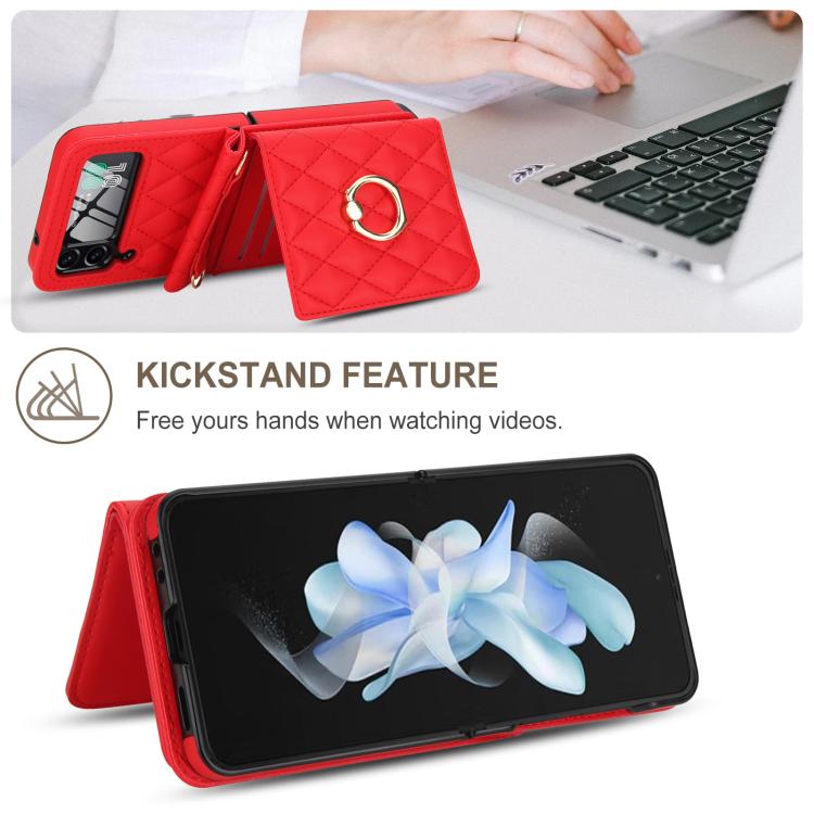 For Samsung Galaxy Z Flip4 5G Integrated Rhombic Texture Ring RFID Card Bag Phone Case with Long Lanyard
