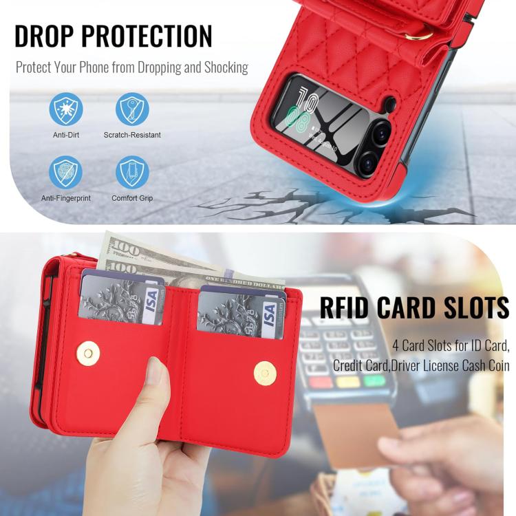 For Samsung Galaxy Z Flip4 5G Integrated Rhombic Texture Ring RFID Card Bag Phone Case with Long Lanyard