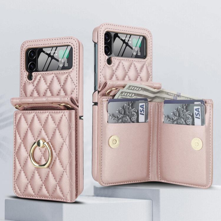 For Samsung Galaxy Z Flip4 5G Integrated Rhombic Texture Ring RFID Card Bag Phone Case with Long Lanyard