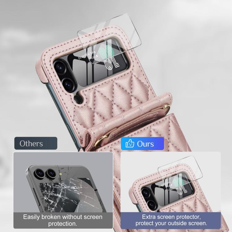 For Samsung Galaxy Z Flip4 5G Integrated Rhombic Texture Ring RFID Card Bag Phone Case with Long Lanyard