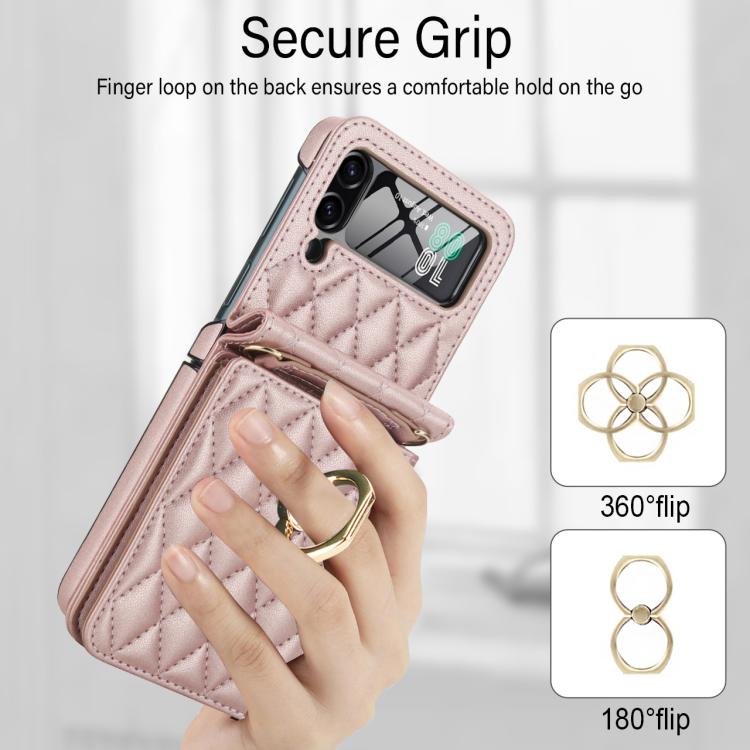 For Samsung Galaxy Z Flip4 5G Integrated Rhombic Texture Ring RFID Card Bag Phone Case with Long Lanyard