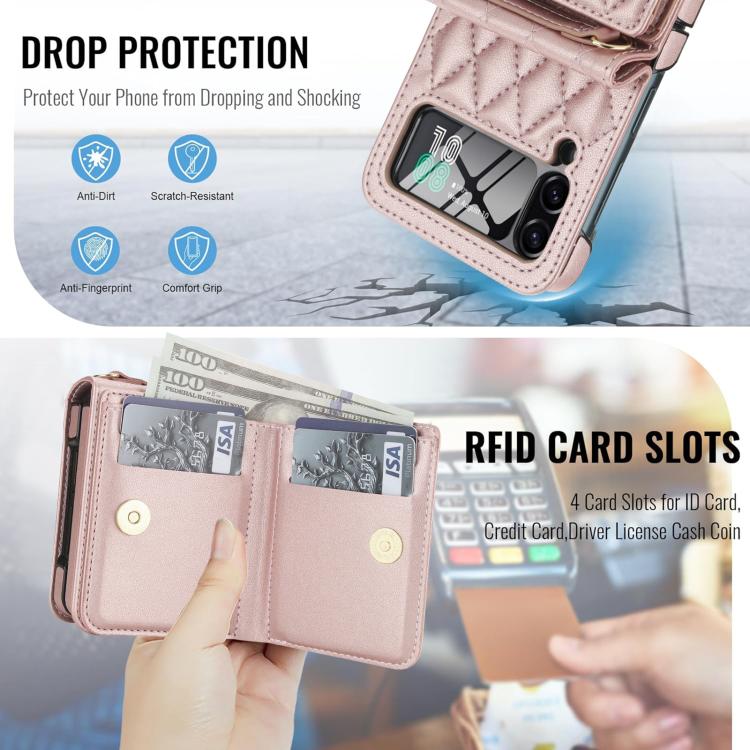 For Samsung Galaxy Z Flip4 5G Integrated Rhombic Texture Ring RFID Card Bag Phone Case with Long Lanyard