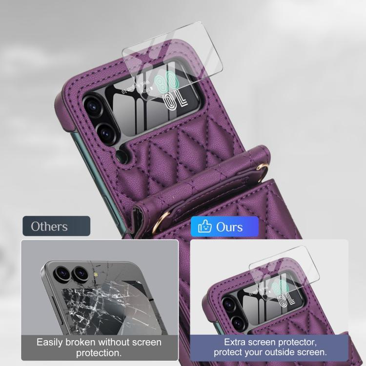 For Samsung Galaxy Z Flip4 5G Integrated Rhombic Texture Ring RFID Card Bag Phone Case with Long Lanyard