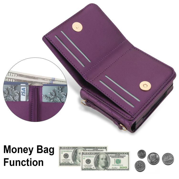For Samsung Galaxy Z Flip4 5G Integrated Rhombic Texture Ring RFID Card Bag Phone Case with Long Lanyard