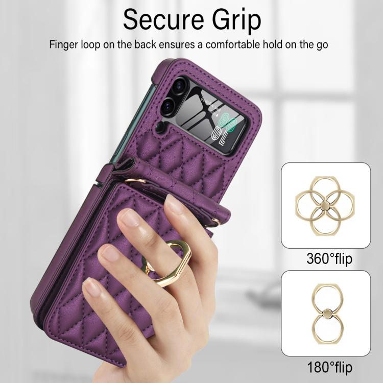 For Samsung Galaxy Z Flip4 5G Integrated Rhombic Texture Ring RFID Card Bag Phone Case with Long Lanyard